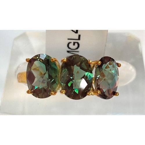 677 - A 9 carat white gold dress ring set 3 oval Kelayi opals, total opal weight 2.73 carats, size N/O; a ... 