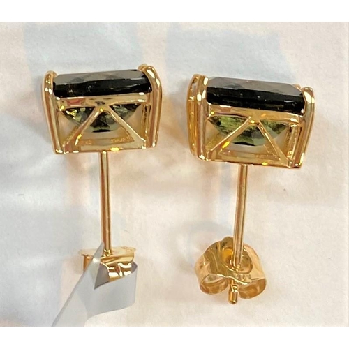 678 - Two pairs of '9K' gold earrings set rectangular green colour change andesines; another '9K' pair set... 