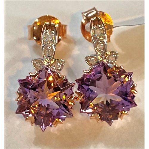 681 - A pair of '9K' gold earrings set Wobito snowflake cut rose de France amethysts and diamonds; a pair ... 