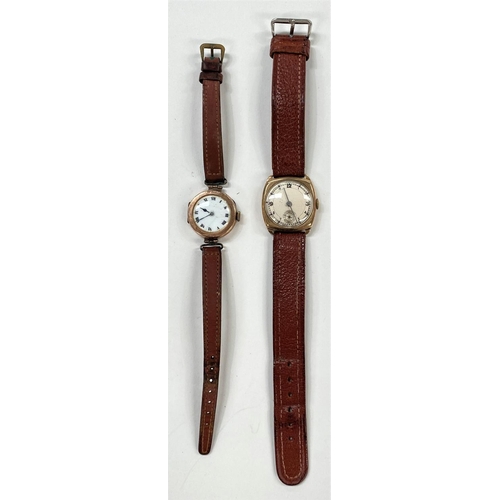 726 - A mid 20th century gent's 9 carat hallmarked gold wristwatch on leather strap; a similar watch