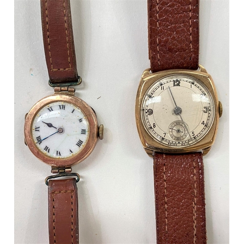 726 - A mid 20th century gent's 9 carat hallmarked gold wristwatch on leather strap; a similar watch