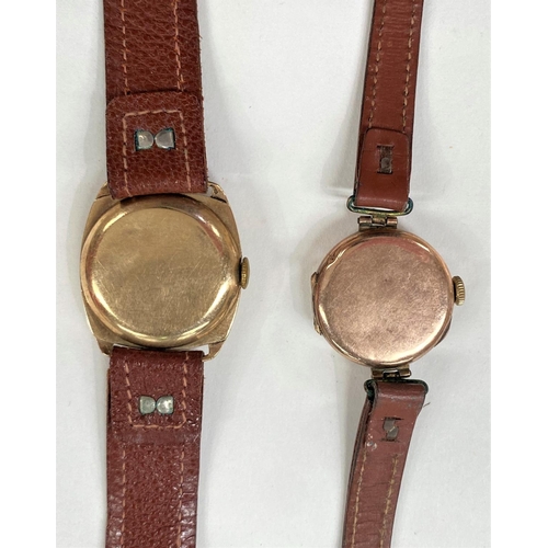 726 - A mid 20th century gent's 9 carat hallmarked gold wristwatch on leather strap; a similar watch