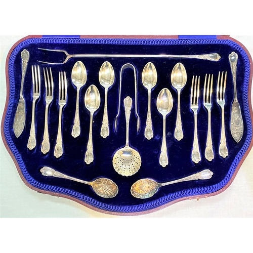 658 - An ornate set of teaspoons and tongs, pastry forks, etc., cased; other cased cutlery