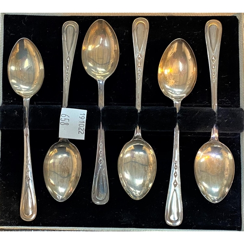 658 - An ornate set of teaspoons and tongs, pastry forks, etc., cased; other cased cutlery