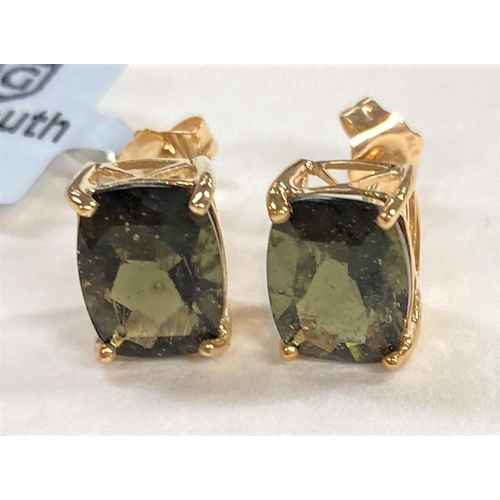 678 - Two pairs of '9K' gold earrings set rectangular green colour change andesines; another '9K' pair set... 