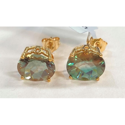 678 - Two pairs of '9K' gold earrings set rectangular green colour change andesines; another '9K' pair set... 