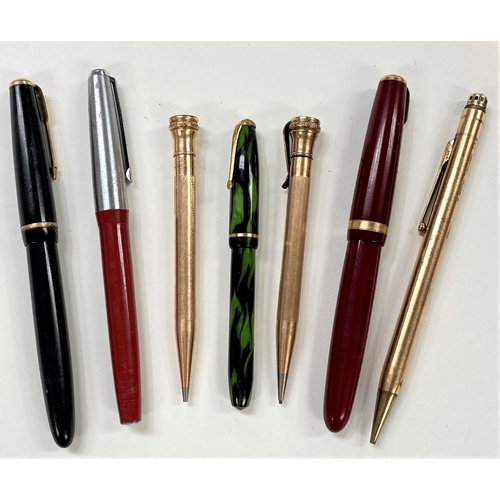 724 - Two Parker fountain pens; 2 others; 3 gilt metal propelling pencils