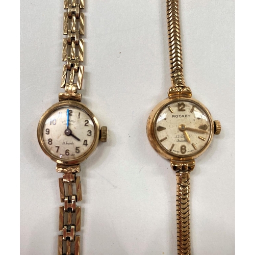 725 - A ladies Rotary 9 carat hallmarked gold wristwatch on 9 carat hallmarked gold gate bracelet; a simil... 