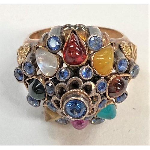 737 - A yellow cluster ring set multicoloured stones, stamped '14k', 8.8gm