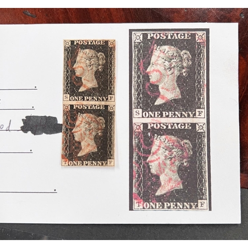 404 - GB. 1840 pair 1d Blacks plate 7, 4 margins tight lower stamp at left.  Very fine Red MC's