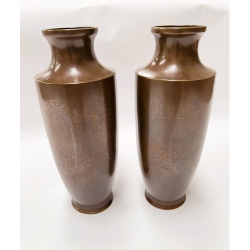 446 - A pair of Japanese bronze vases with silver thread decoration of flowers, height 24.5cm