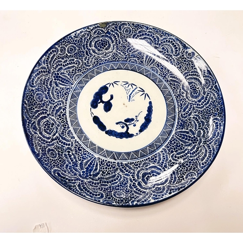 480 - A 19th century Japanese blue and white charger with detailed decoration to the border with simple ce... 