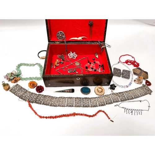 648 - A wooden jewellery box with a selection of costume and other various jewellery.