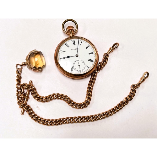 696 - A Tomas Russell of Liverpool half hunter gilt cased pocket watch on yellow metal chain stamped 9c wi... 