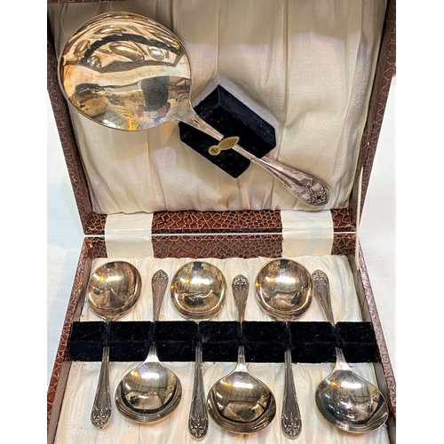 658 - An ornate set of teaspoons and tongs, pastry forks, etc., cased; other cased cutlery