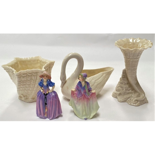 544 - A Beleek Swan, a Beleek Cornucopia, a Beleek Vase, 2 miniature Royal Doulton figures: Sweet Ann &... 