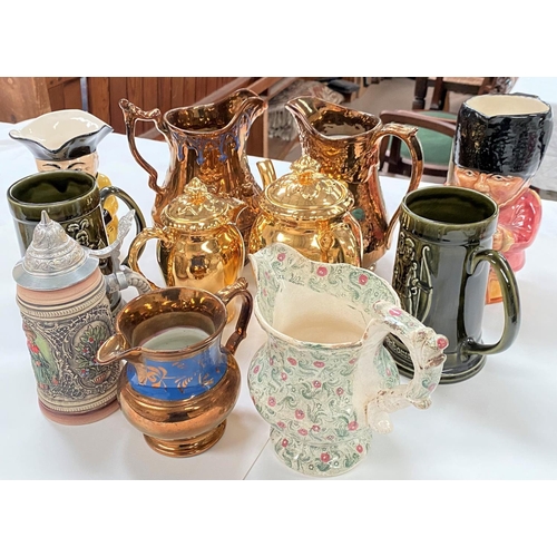 545 - Three lustre jugs, a Shorter's Toby Jug & other ceramics.