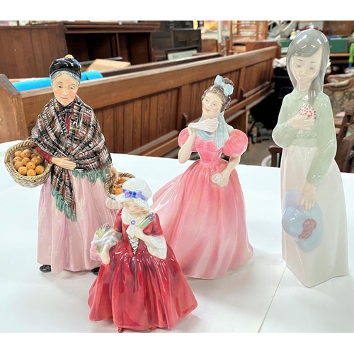 564 - Three Royal Doulton figures:  The Orange Lady HN1759; Camellia HN2222 & Lavinia HN9255; a N... 