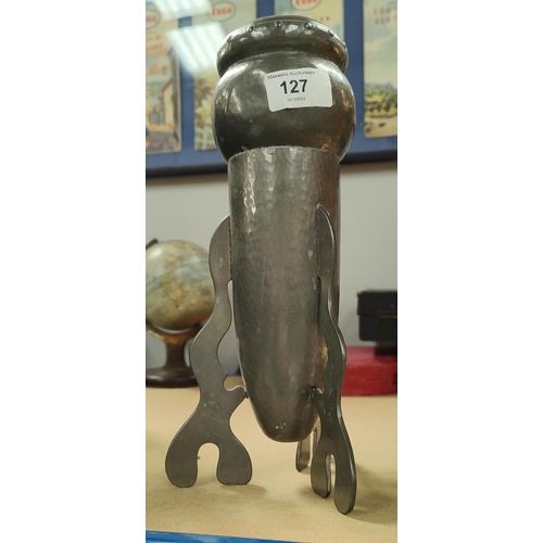 127 - A pewter Tuderic style homeland vase with 3 feet and bulbous body