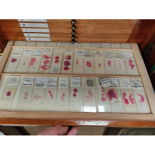 132 - A mid 20th century Pathology Laboratory microscope specimen slide case, polished sepele mahogany, fi... 