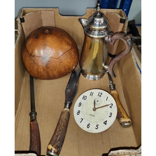 146 - A 19th century Colonial polished coconut tea caddy, 15cm diameter, a carving set etc