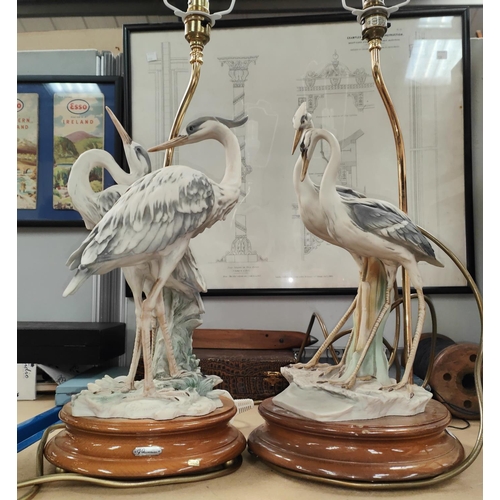 148 - Two Capodimonte lamp groups of Herons, both with incised signature