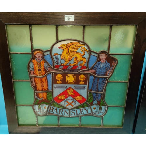 150 - An oak framed stained glass window with the Barnsley Coat of Arms surrounded by green glass from Dun... 