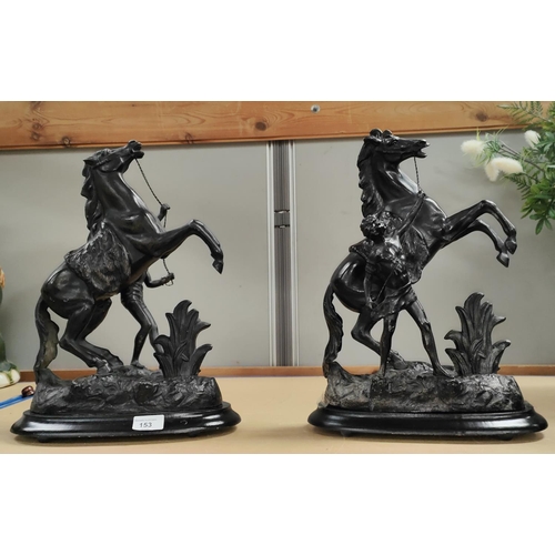 153 - A pair of Spelter Marley horses in bronzed patination; a water colour of a Labrador