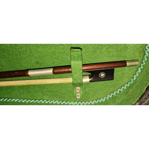 157 - A full size Spruce4 top 2 piece maple backed violin in hard carry case with a bow with mother of pea... 