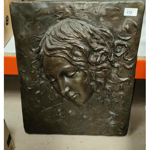 172 - A large bronze relief plaque depicting the 'head of Leada'  rounded rectangular edges 50 x 40cm