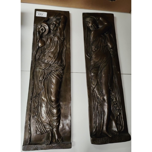 173 - A pair of bronze plaques in the classical manner with two women carrying water in relief