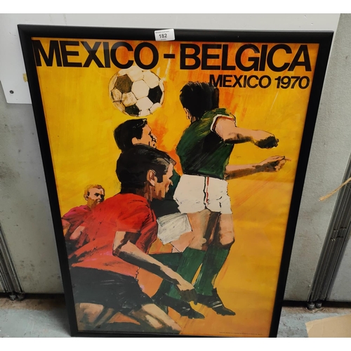 182 - A Mexico 1970 World Cup Mexico - Belgica poster, players heading the ball on yellow background, 57 x... 