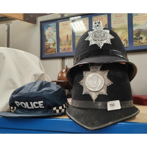 195 - A Cheshire Constabulary Police helmet, another similar and a Police cap