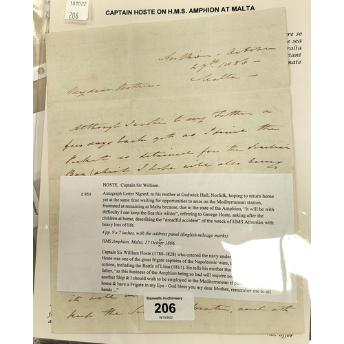 206 - NAPOLOLEONIC CAMPAIGN LETTER: Captain Sir William HOSTE from H.M.S AMPHION, 1806 and another dated 1... 