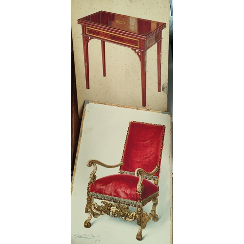 247 - SHIRLEY SLOCOMBE - watercolour, a gilded carved wood armchair, for Macquoid's History of English Fur... 