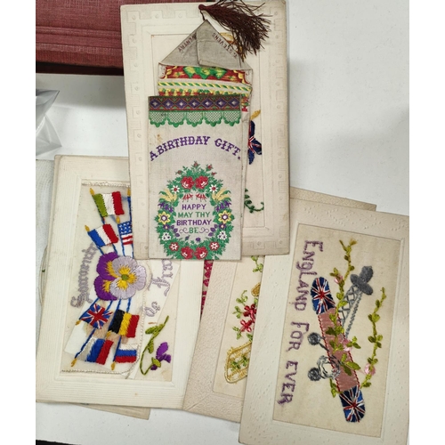 255 - SILK POSTCARDS, 3 WWI examples depicting a balloon and aeroplanes, 6 others and a Stevengraph bookma... 