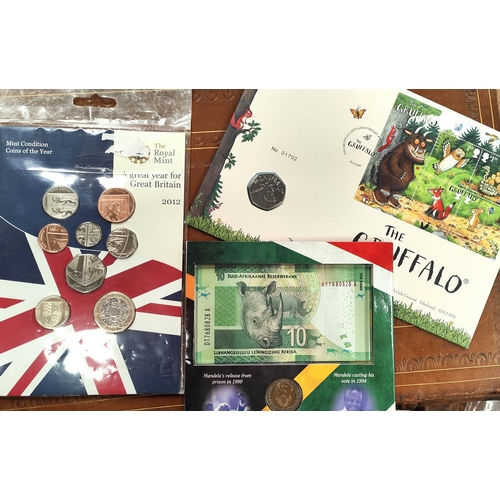 285 - 2012 coin set F.D.C. Gruffalo 50p, Nelson Mandela 10 rand note and coin