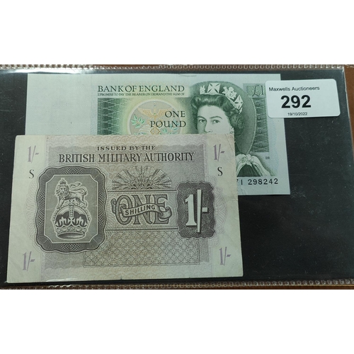 292 - GB Banknotes, British Military one shilling note, Samuelson £1 W Reverse