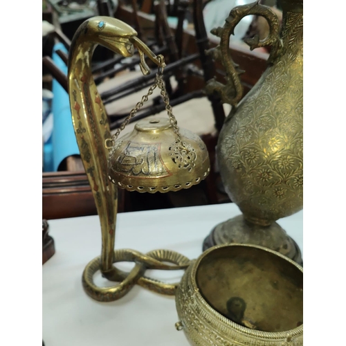 456A - A Middle Eastern brass and mixed metal snake with basket; other similar metal ware etc.