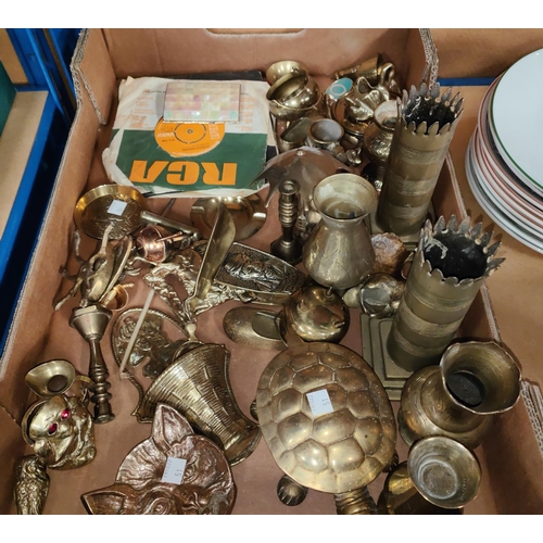 51 - A selection of brassware:  trench art; etc.; sundry costume jewellery; 45 rpm singles