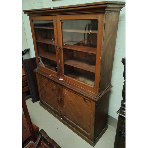 956 - A Victorian pitched pine cupboard with glazed upper section, 160 x 50 x 215 cm high