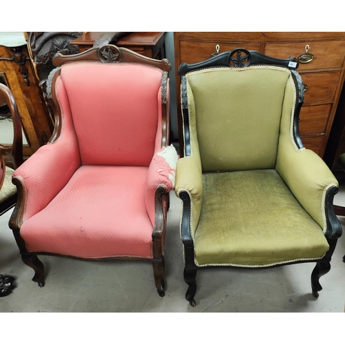 968 - A pair of late 19th/early 20th century armchairs, one ebonised, one mahogany with crest carved with ... 