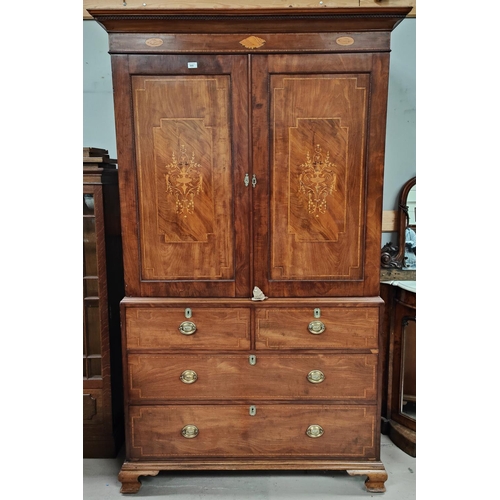 988 - A George III figured mahogany chest on chest with Sheraton style shell and floral marquetry inlay, t... 