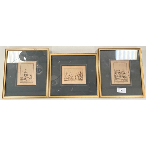 74 - Tree framed etchings and two framed Royal Doulton needle works.