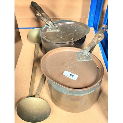 80 - A selection of copper pans, brass ware, copper warming pan etc