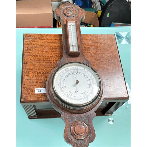 81 - An oak canteen box including various cutlery and an oak banjo aneroid barometer