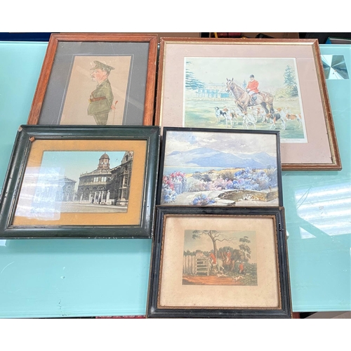 82 - A pastel drawing of a military      , framed and glazed, hunting prints and other pic... 