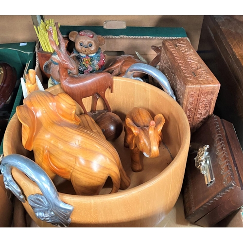 84 - Two woven picnic baskets and a selection of carved wooden animals, boxes etc