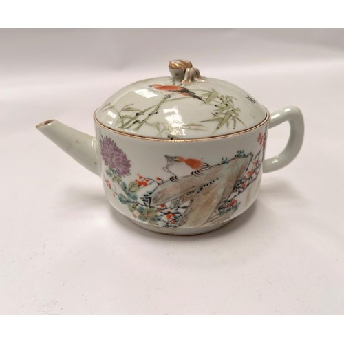 459A - A Chinese Republic period style teapot with decoration of birds on branches, with text to lid and re... 