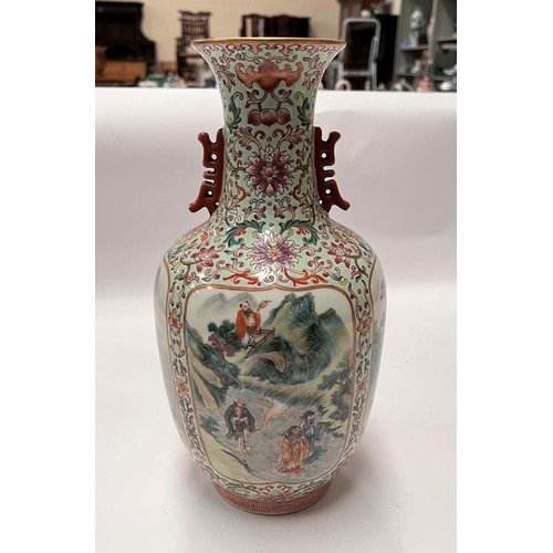 466 - A Chinese famille rose vase with four detailed panels of deities, green glaze, 6 character mark... 